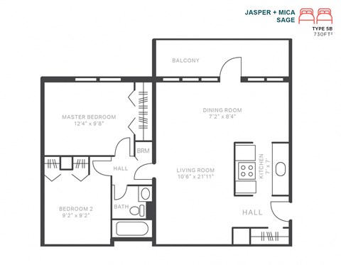 Floor plan for 2 beds, 1 bath, 730 sqft
